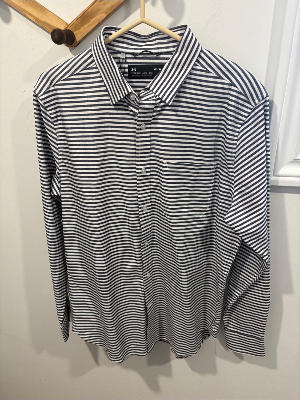 Under Armour navy blue and white striped long-sleeve button-down shirt